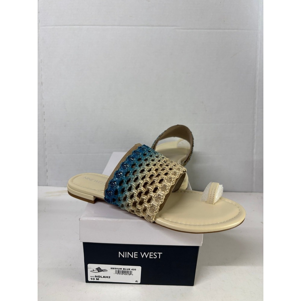 Nine West Women's Nolah Toe Ring Flat Casual Slide Sandals Blue Natural Sz 10M